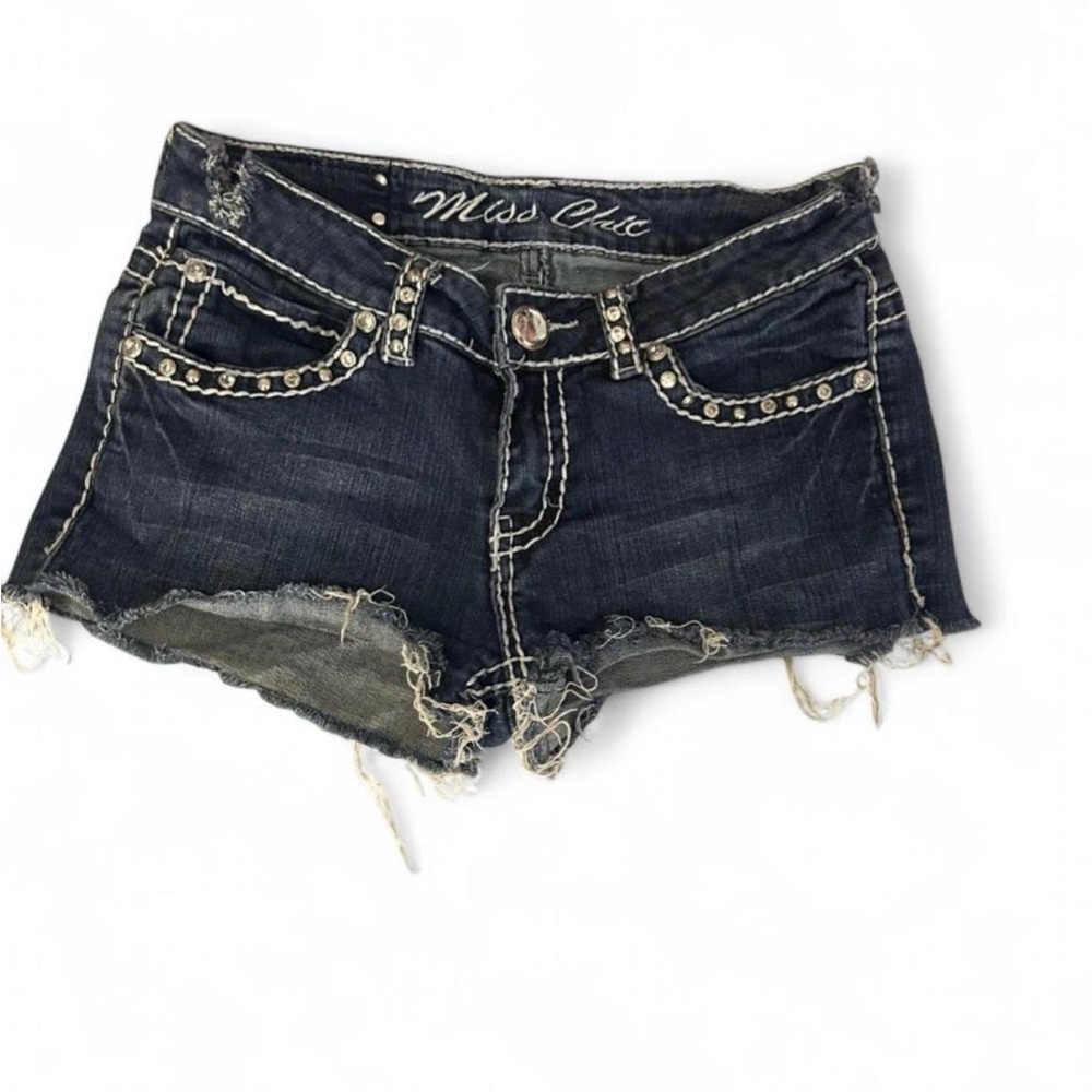 Miss Chic Jeans Dark Blue Distressed Denim Shorts with Stud Trim
